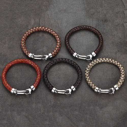 Men'S Classic Bracelet Braided Genuine Leather with 316L Stainless Steel Horseshoe Lobster Clasp Handmade Fashion Men Jewelry